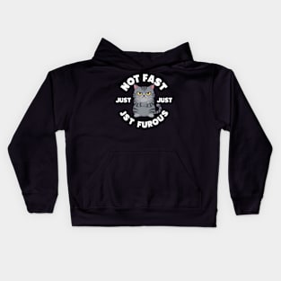 The image features a grumpy-looking cat with the text “NOT FAST JUST FURIOUS” surrounding it (4) Kids Hoodie